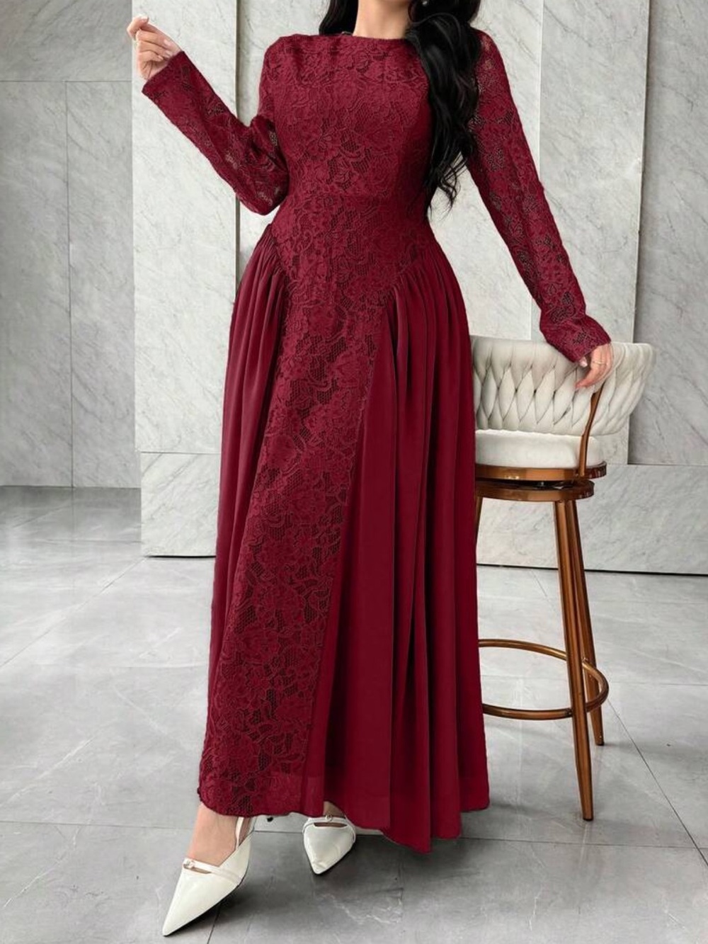 Elegant Lace Panel Maxi Dress in Deep Wine